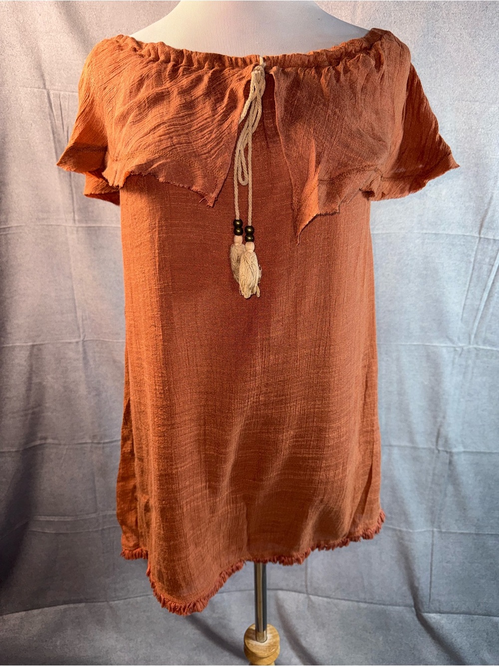 2361-Wishlist Rust Off-Shoulder Tassel Peasant Tunic